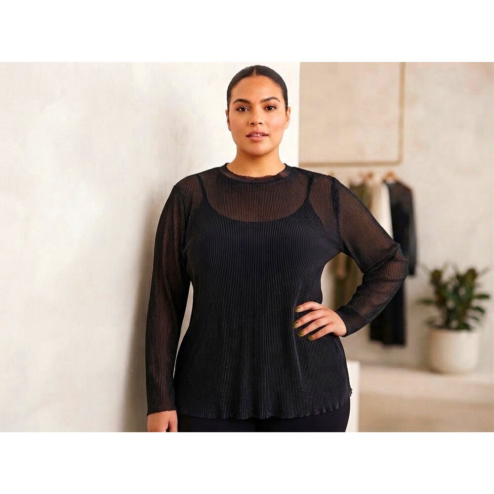 ELOQUII Plus Size Black Sheer Pleated Long Sleeve Blouse Top Round Neck 2X 26/28